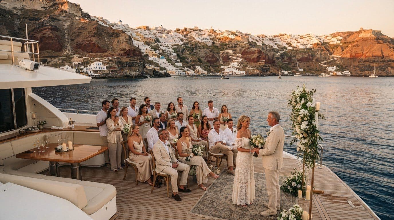 Luxury Vow Renewal Coordination on a Private Yacht in Santorini’s Caldera